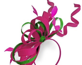 Caprilite Fuchsia Pink und Grün Hochzeit Swirl Fascinator Haarreif Haarreif Ascot Races Loop Net