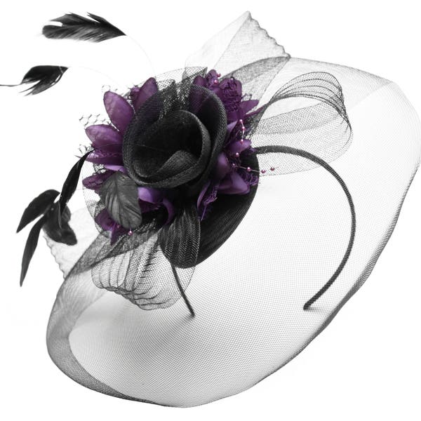 Caprilite grand noir et violet foncé fascinateur chapeau voile Net pince à cheveux Ascot Derby courses mariage bandeau plume fleur