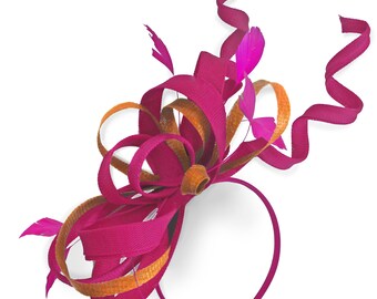 Caprilite Fuchsia Hot Pink and Orange Wedding Swirl Fascinator Headband  Alice Band Ascot Races Loop Net