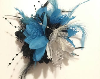 Caprilite Black and Aqua Blue and Silver Fascinator Black Headband Clip Comb Flower Corsage