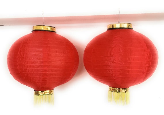 A Pair of Large 12 30cm Red Gold Chinese New Year Lanterns