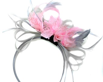 Caprilite Grey Silver & Baby Pink Fascinator on Headband AliceBand UK Wedding Ascot Races Loop