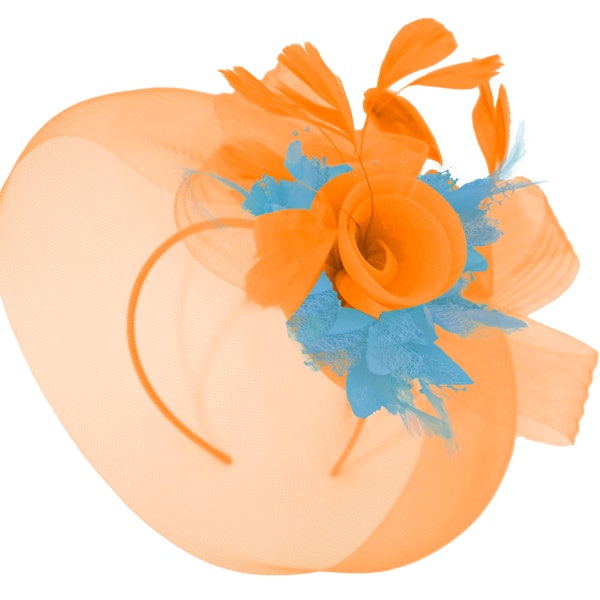 Caprilite Orange and Aqua Fascinator Hat Veil Net Hair Clip Ascot Derby Races Wedding Headband Feather Flower