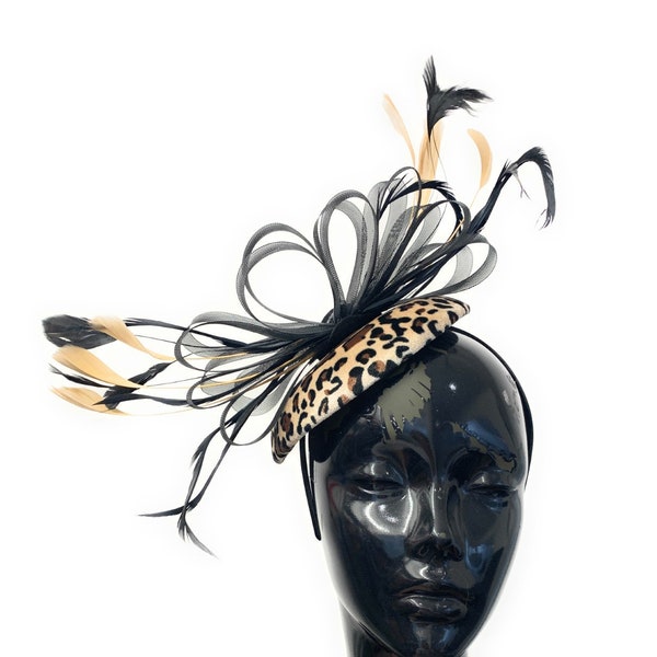 Caprilite Leopard Brown and Black Mini Disc Hat Feathers Fascinator Headband Ascot Wedding