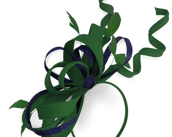 Caprilite Green and Navy Dark Blue Wedding Swirl Fascinator Headband  Alice Band Ascot Races Loop Net