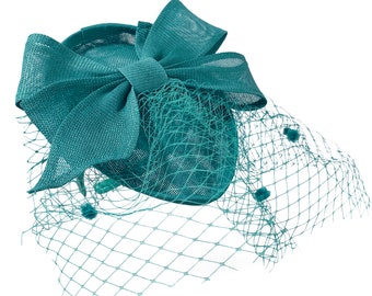 Teardrop Pointed Pillbase Large Bow Fascinator with Birdcage Veil on Headband - Teal Green