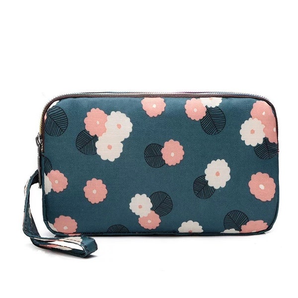 Fun PVC Canvas Wallet Purse Pouch Triple Zip w/ Wrist Strap Wristlet Clutch Bag - Teal Floral