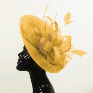 Caprilite Big Saucer Sinamay Gold Mustard Colour Fascinator On Headband Wedding Derby Ascot Races Ladies Hat