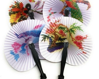 5 x Small Chinese Floral Peacock Paper Folding Hand Held Travel Fans Party Bag Filler Set