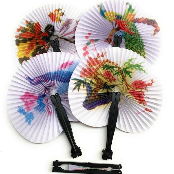 5 x Small Chinese Floral Peacock Paper Folding Hand Held Travel Fans Party Bag Filler Set