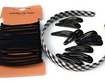 Mega School Hair Accessories Bundle Set - Gingham Checked Headband Clips Bobbles Elastics - Black