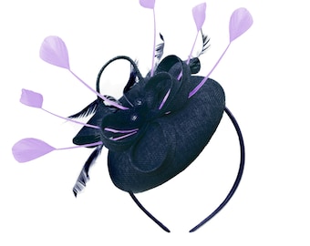 Portapillole rotondo blu scuro e lilla Fiocco Sinamay Fascia per capelli Fascinator Matrimoni Ascot Hatinator Race