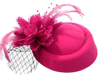 Caprilite Fuchsia Hot Pink Fascinator Hat Pill Box Flower Black Veil Hatinator UK Wedding Ascot Races Clip Felt