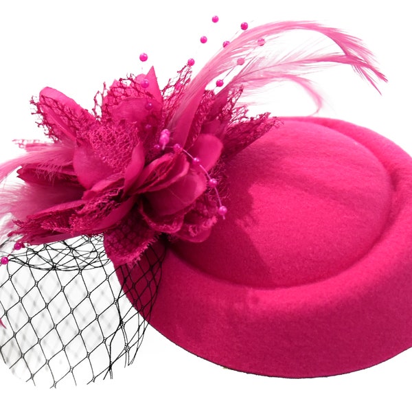 Caprilite Fuchsia Hot Pink Fascinator Hat Pill Box Flower Black Veil Hatinator UK Wedding Ascot Races Clip Felt