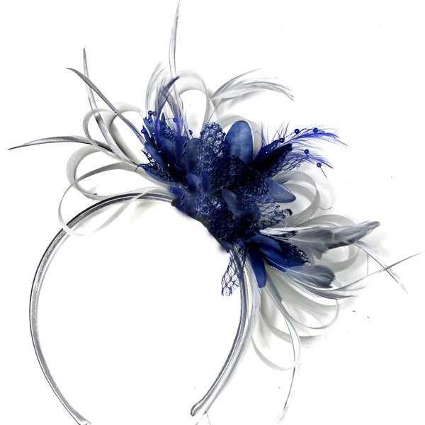 Caprilite Grau Silber & Marine Blau Fascinator auf Stirnband AliceBand UK Hochzeit Ascot Rassen Schleife
