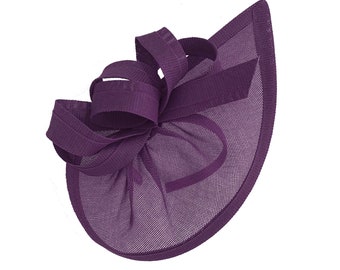 Caprilite Vegan Moon Hoop Fascinator Hat on Headband Wedding Ascot Races Bespoke Sinamay Disc - Dark Purple / Plum