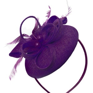 Round Purple Plum Pillbox Bow Sinamay Headband Fascinator Weddings Ascot Hatinator Races