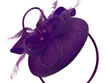 Round Purple Plum Pillbox Bow Sinamay Headband Fascinator Weddings Ascot Hatinator Races