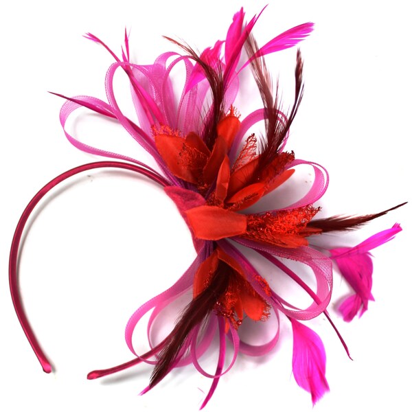 Caprilite Fuchsia Pink & Red Feathers Fascinator on Headband Ascot Wedding