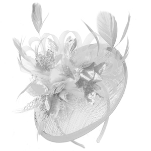 Caprilite White and Silver Sinamay Disc Saucer Fascinator Hat for Women Weddings Headband