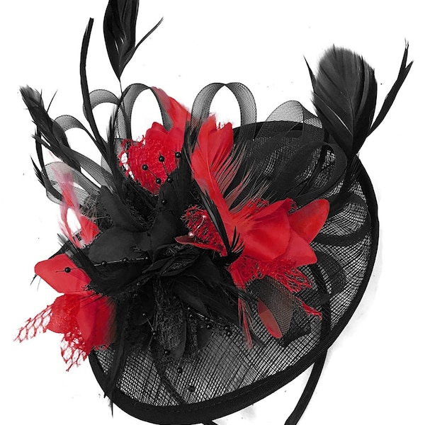 Caprilite Black and Red Sinamay Disc Saucer Fascinator Hat for Women Weddings Headband