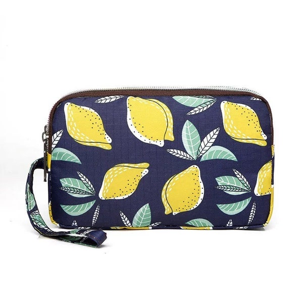 Fun PVC Canvas Wallet Purse Pouch Triple Zip w/ Wrist Strap Wristlet Clutch Bag - Lemons