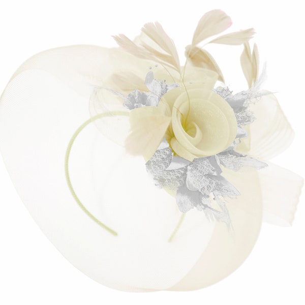 Caprilite Cream and Silver Fascinator on Headband Veil UK Wedding Ascot Races Hatinator Women
