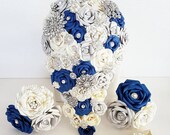 Paper Flower wedding bridal bouquet alternative vintage Dr who harry potter Brooch waterfall cascade teardrop blue book page silver