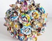 Alternative bouquet wedding flowers paper origami rose kusudama alice in wonderland mad hatter tea party disney book theme bridal pin brooch