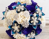 Paper Flower wedding bridal Bouquet peacock teal purple brooches