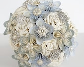 Paper Flowers wedding bridal bouquet alternative book sheet music harry potter pale light blue silver crystal brooch any colour hand made