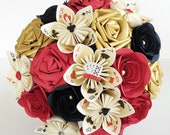 Paper Flower bouquet Las Vegas style theme brooches USA elopement wedding bride rose playing deck of cards red black gold aces