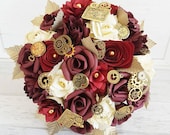 Paper Flower Wedding Origami Rose Bouquet burgundy bordeaux red plum cherry steam punk cog timepiece mechanical alternative bouquet gold
