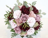 Paper flower wedding bridal bouquet Pink and Bordeaux leafy foliage EXAMPLE ONLY see description