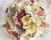 Paper wedding bouquet flowers vintage rustic romantic roses dusky pink baby pastel pink champage ivory cream pearl babies breath OOAK theme