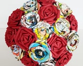 Paper flower bouquet superhero marvel DC comic theme wedding bride gold purple red