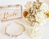 UK SELLER - Whole PACKAGE Bride accessories package Gold - paper flowers wedding bouquet clutch bag buttonhole hair piece headband