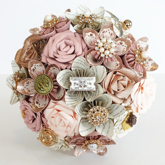 Bouquet De Mariage De Mariage De Fleur De Papier Harry Potter Rose Rose Or Embellissement
