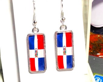 Dominican Republic glass dome earrings, Dominican flag, flag earrings, rectangle earrings, rectangle cabochon