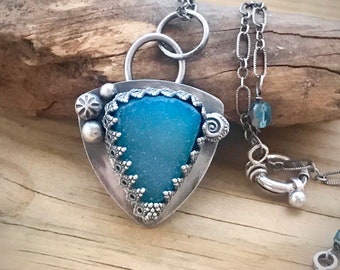 Sterling silver necklace blue agate druzy stone