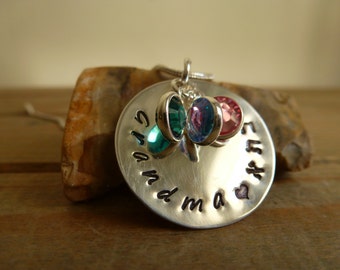 Personalized Jewellery. Hand Stamped Sterling Silver Necklace. Grandma Necklace with swarovski birthstone charms