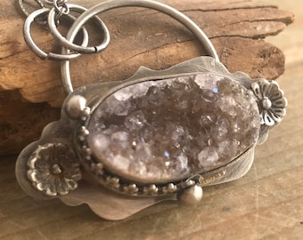 Sterling silver plaque necklace with natural druzy stone