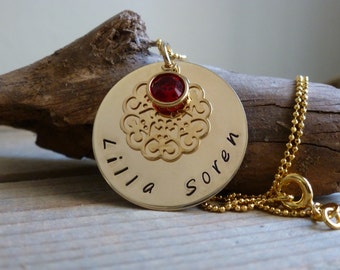 Personalized Jewellery. Hand Stamped necklace. Bridesmaid Gift. Brass Hand Stamped disc with flower and birthstone charm