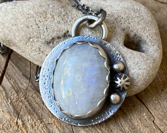 Rainbow moonstone boho sterling silver pendant