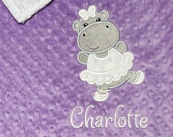 Hippo Baby Blanket, Minky Baby Blanket- Purple and Pink Minky Blanket- Ballerina Blanket, Custom Baby Blanket
