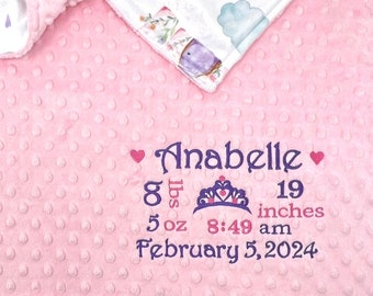 Princess Crown Birth Stats Blanket, Personalized Birth Announcement Minky Blanket, Custom Birth Stats Minky Blanket, Pink Crown Baby blanket