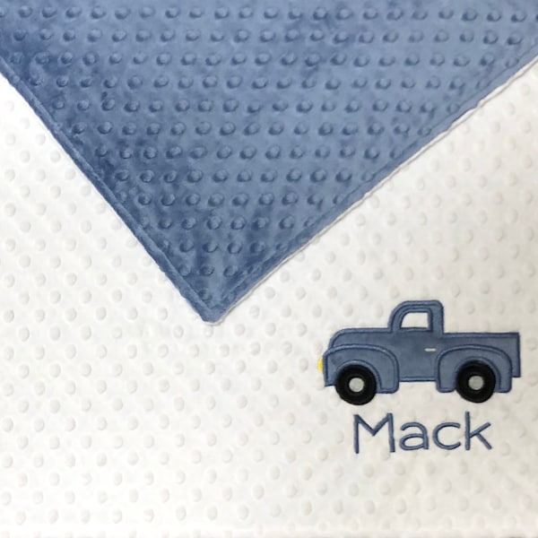 Vintage Truck Baby Blanket with name, Baby Boy Pickup Truck Blanket, Personalized Minky Baby Blanket, Custom Color your own blanket