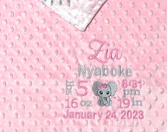 Elephant Personalized Birth Announcement Minky Blanket, Custom Birth Stats Minky Blanket, Pink elephant with bow Baby blanket