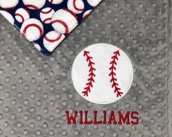 Baseball baby blanket with name, Personalized Baseball Blanket, Grey Baseball Blanket, Unisex Baseball Minky Blanket, Custom your own colors