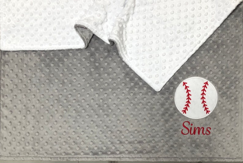 Baseball Baby Blanket, Chevron Grey and Red Minky Blanket, Personalized Baseball Blanket, Baseball Nursey image 2